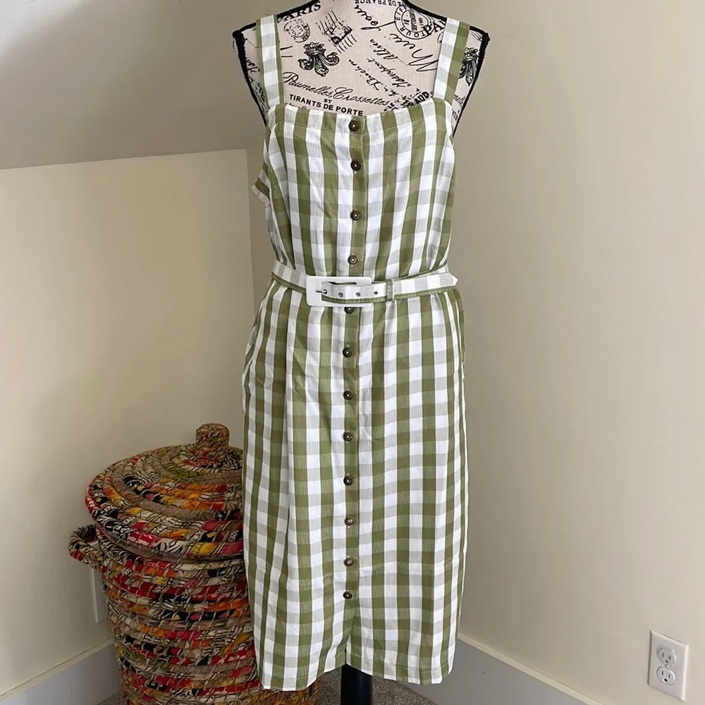 NWT ModCloth Past But Not Least Green Belted Gingham Dress SZ L - Picture 1 of 14